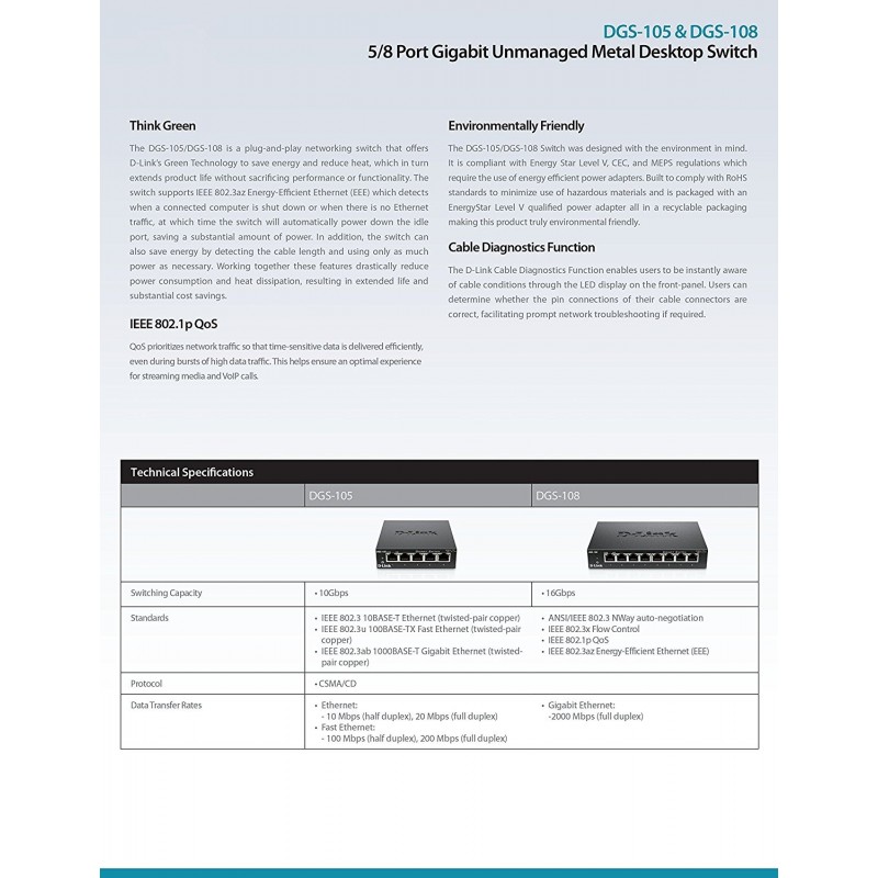 Conmutador Dlink METALBOX 870 DGS-108 de 8 puertos 10/100/1K