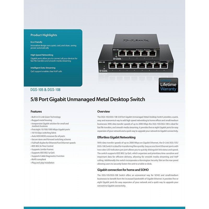 Conmutador Dlink METALBOX 870 DGS-108 de 8 puertos 10/100/1K