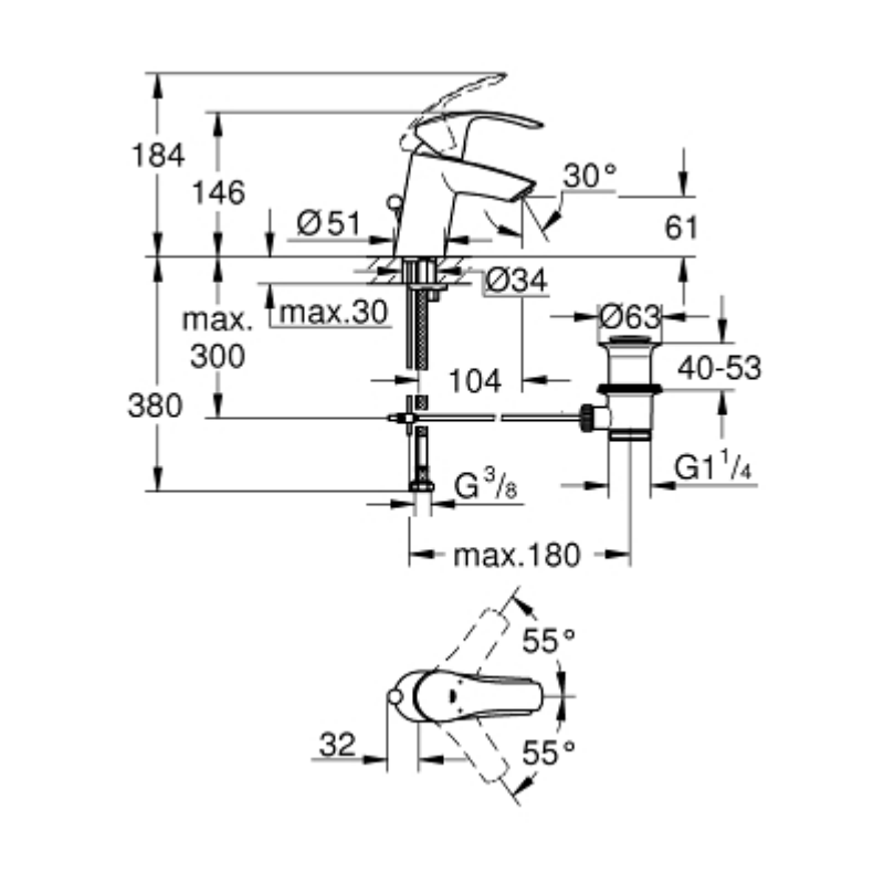 Robinet mitigeur de lavabo Grohe EUROSMART Taille S Chrome 33265002