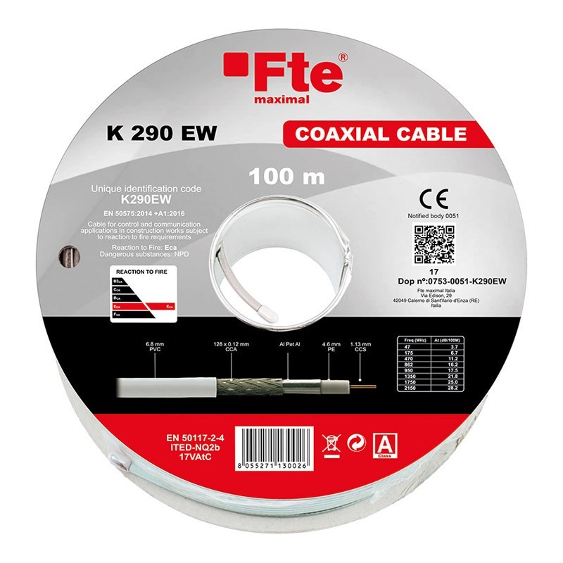 Cable coaxial TVSAT FTE 6,8 mm en madeja de PVC por 100 metros K290EW